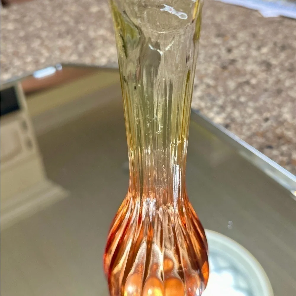 1950’S, JEANETTE GLASS, AMBERINA, STAR-FIRE ORANGE, RIBBED, BUD VASE.